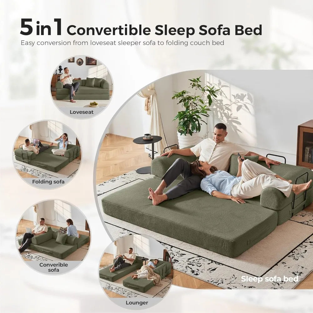 79" Compression Sofa, Convertible Sleeper Sofa Bed, Couch Bed with Fixed-Shape Frame, Corduroy Floor Sofa, Couches for Living Ro