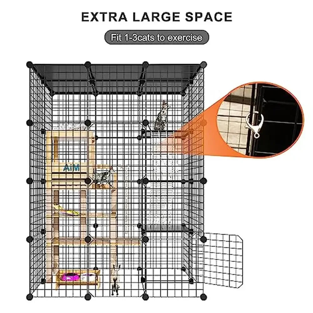 Large Metal Wire Cat Playpen Kennel 1-3 Cats Indoor/Outdoor DIY Detachable Cage Kit Ideal Cat Enclosure with 4 Doors & Rubber