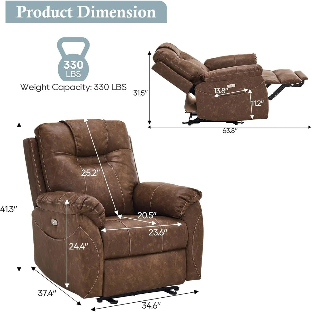 Power Recliner Chair, Wall Hugger Recliner with Massage and Heat, PU Leather Recliner Chair with 2 Side Pockets & USB Ports for