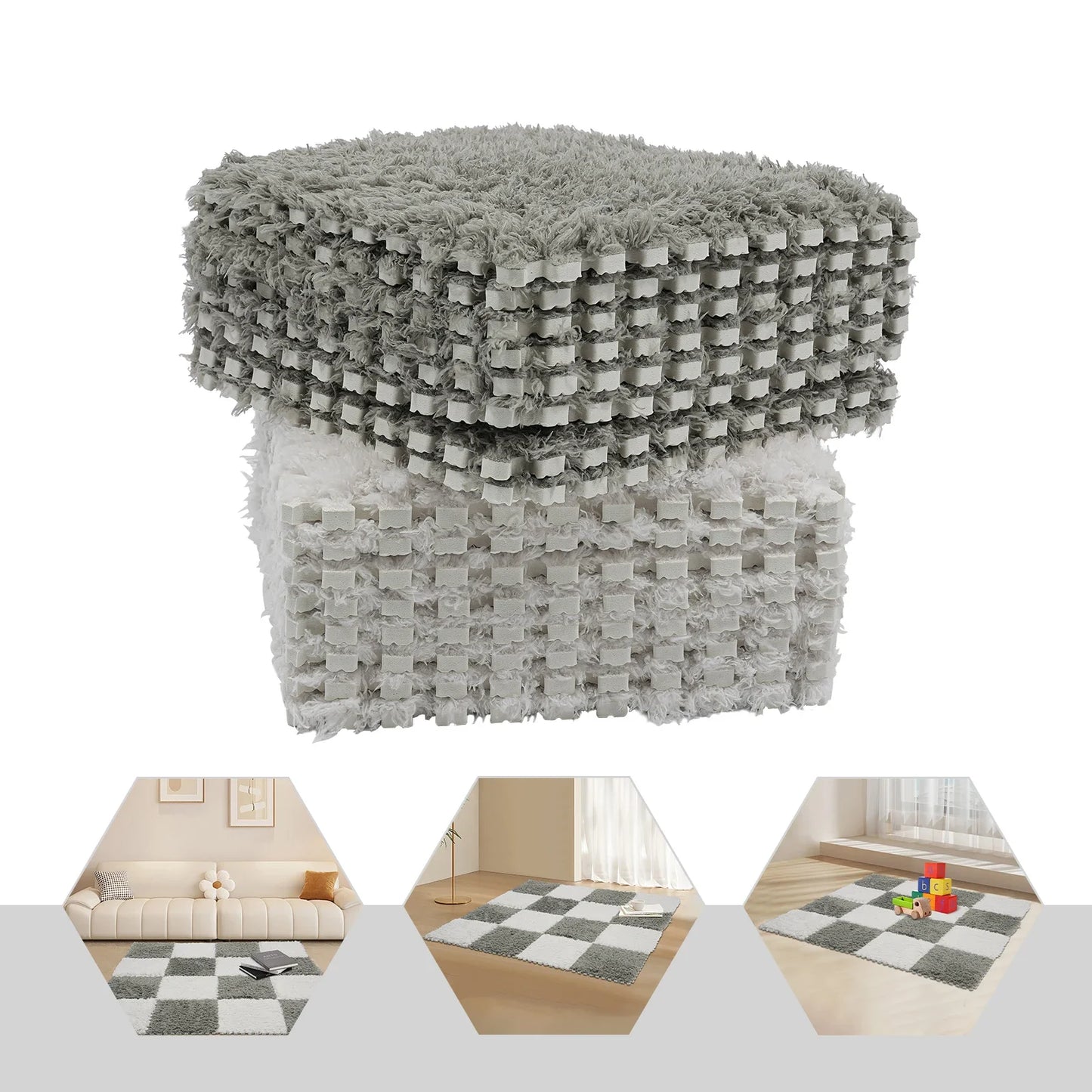 16Pcs Polyester Carpet Tiles, Square Interlocking Carpet Tiles with Border Soft Fluffy Play Foam Puzzle Floor Mat for Home Decor