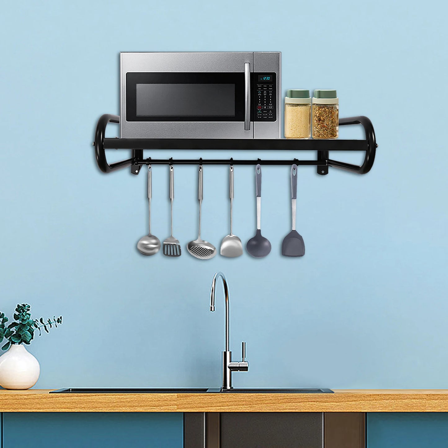 Wall-Mounted Microwave Oven Rack, Durable Carbon Steel, Large Size Shelf for Kitchen Organization, Easy Installation with