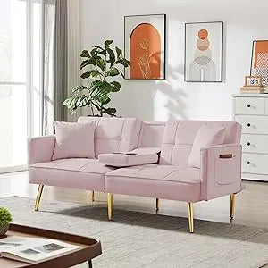 Convertible Velvet Futon Sofa Bed,Sleeper Sofa Couch with Two Pillows and Golden Metal Legs for Living Room (Cream White)