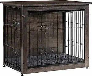 DWANTON Dog Crate Furniture with Cushion, Wooden Kennel Table with Double Doors, Indoor Dog House, Small/Medium/Large/Extra Larg