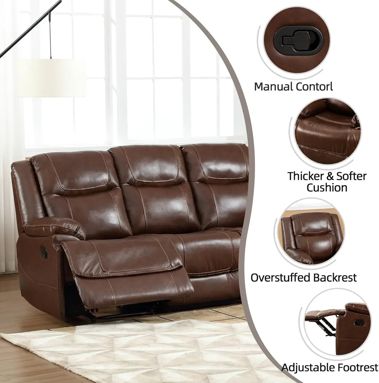 Genuine Leather Manual Recliner Sofa Set, Loveseat Reclining Sofa and 3 Seat Sofa, Couch Furniture Set for Living Room