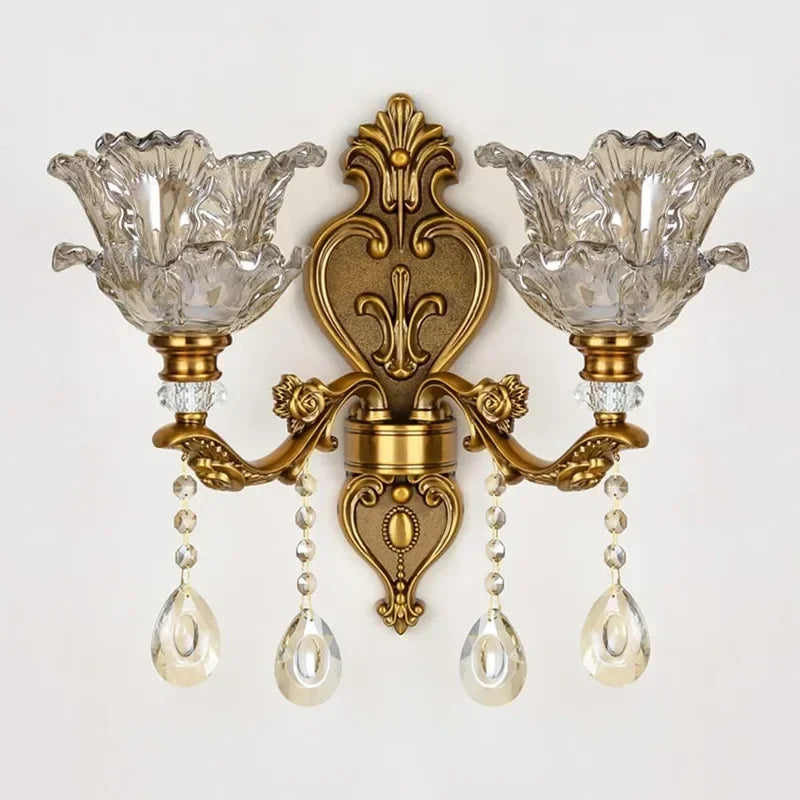 2025 New European Style Retro Crystal Glass Wall Lamp Dual Head Living Room Bedroom Bedside Lamp Corridor Corridor Wall Lamp