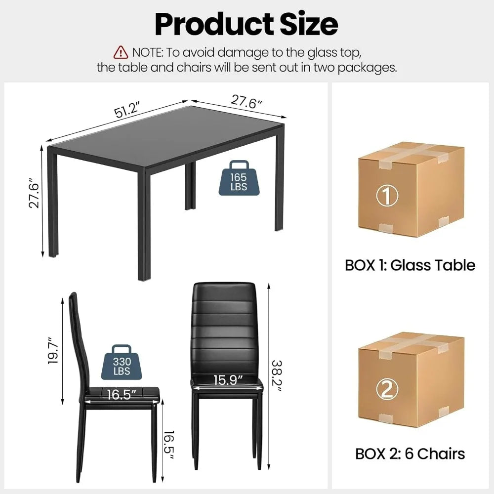7-Piece Dining Table Set for 6, Tempered Glass Kitchen Table with PU Leather Chairs, Modern Dining Room Table Set for Small Spa