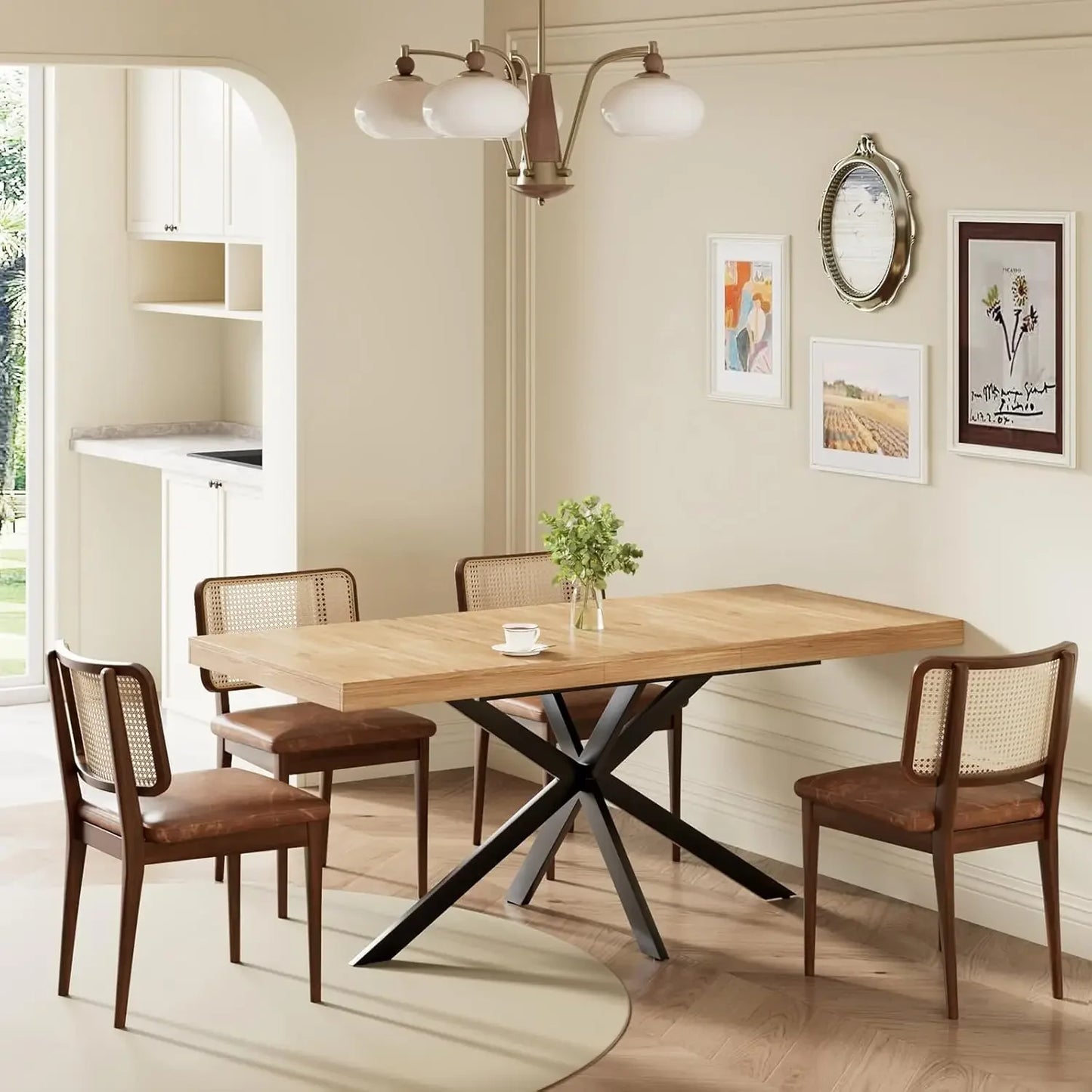 Extendable Dining Room Table 55''-70.9'' Rectangle Space Saving with Removable Leaves for 4-8 People
