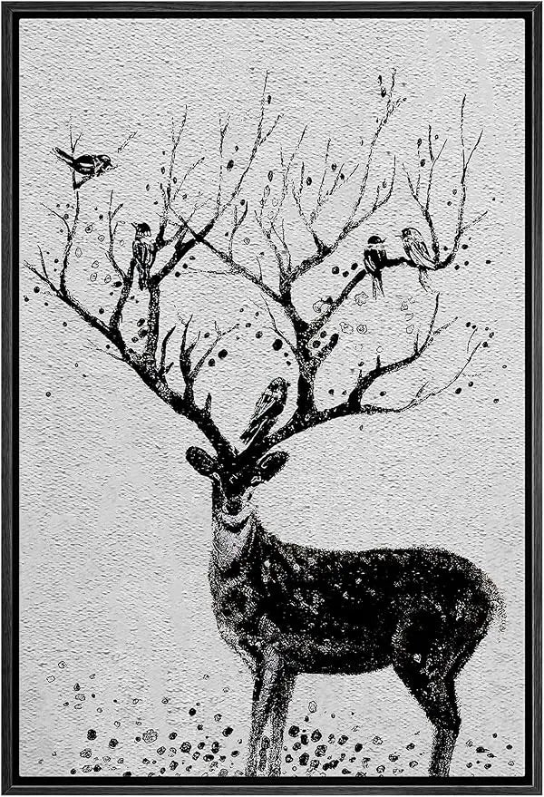 Modern Chic Wall Art: Framed Black and White Deer Canvas with Birds on Antlers Wildlife Scene