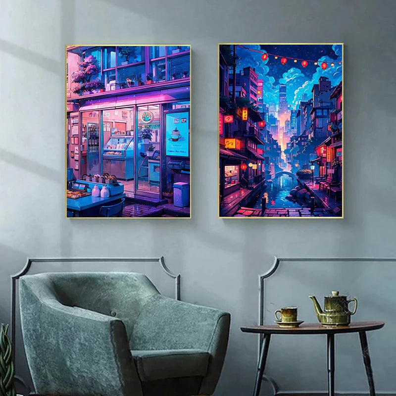 City Life Dining Street Bar Night Cafe Landscape Art Posters Prints Canvas Printing Wall Picture for Living Room Home Decor Gift