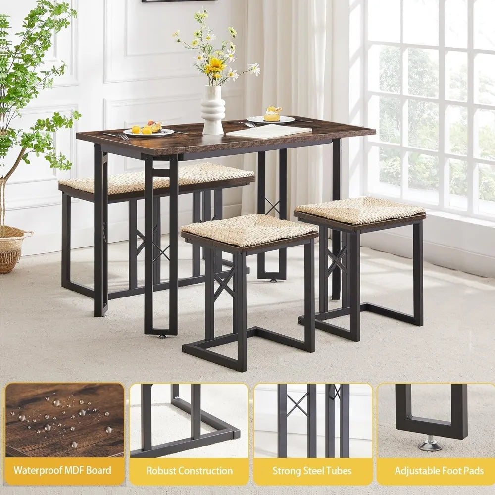 43.3" Dining Table Sets, Farmhouse Kitchen Table for 4 with 3 Seats & Wicker Seat Cushions,Metal Frame Space-Saving Adjustable