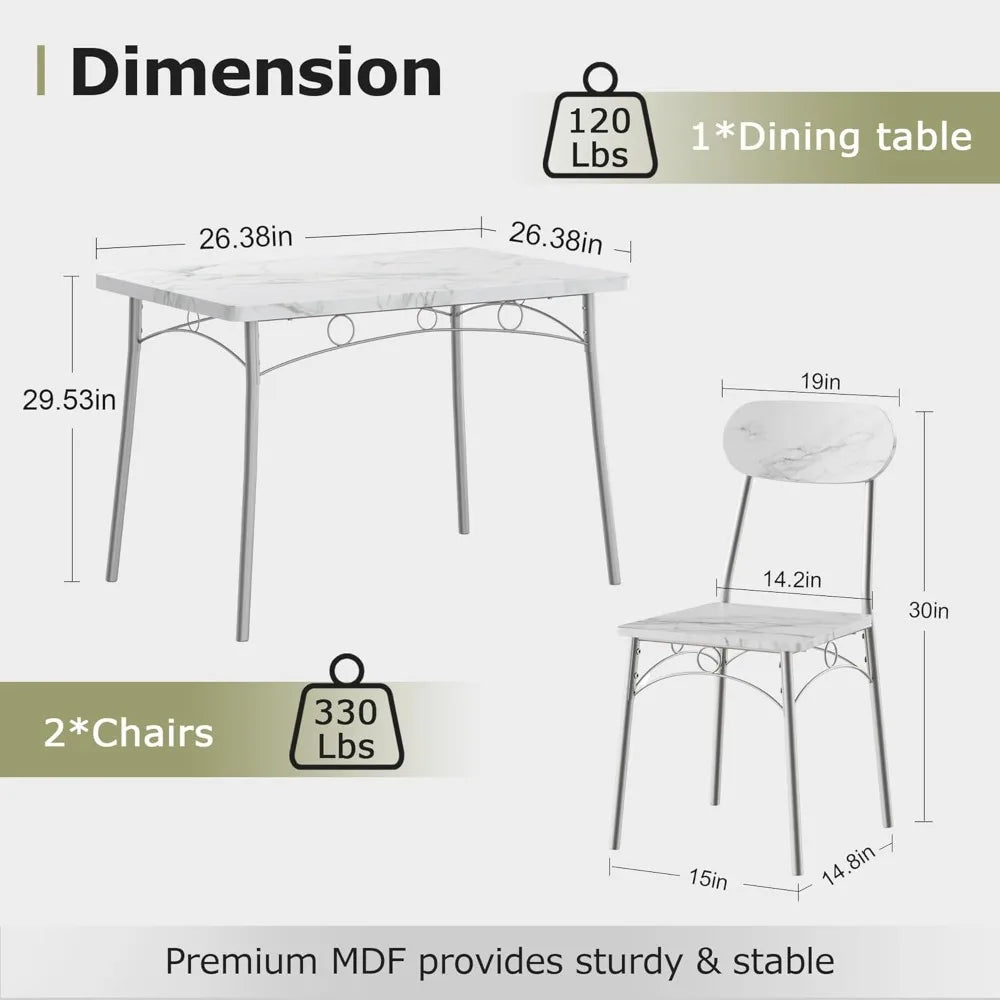 Dining Table Set for 4, 5-Piece Kitchen Table with 4 Chairs, MDF Board Tabletop with Metal Frame for Small Space, Compact Dinet