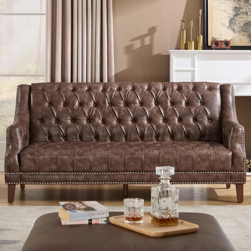Mid Century Modern 74.5" Faux Leather Sofa, 3 Seater Tufted Upholstered Couch with High Back & Nailhead Trim, Chesterfield Sofa