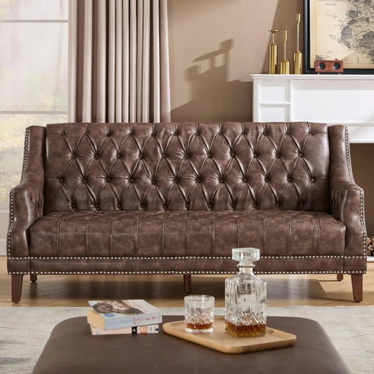 Mid Century Modern 74.5" Faux Leather Sofa, 3 Seater Tufted Upholstered Couch with High Back & Nailhead Trim, Chesterfield Sofa