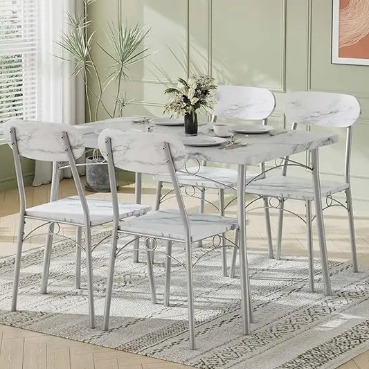 Dining Table Set for 4, 5-Piece Kitchen Table with 4 Chairs, MDF Board Tabletop with Metal Frame for Small Space, Compact Dinet