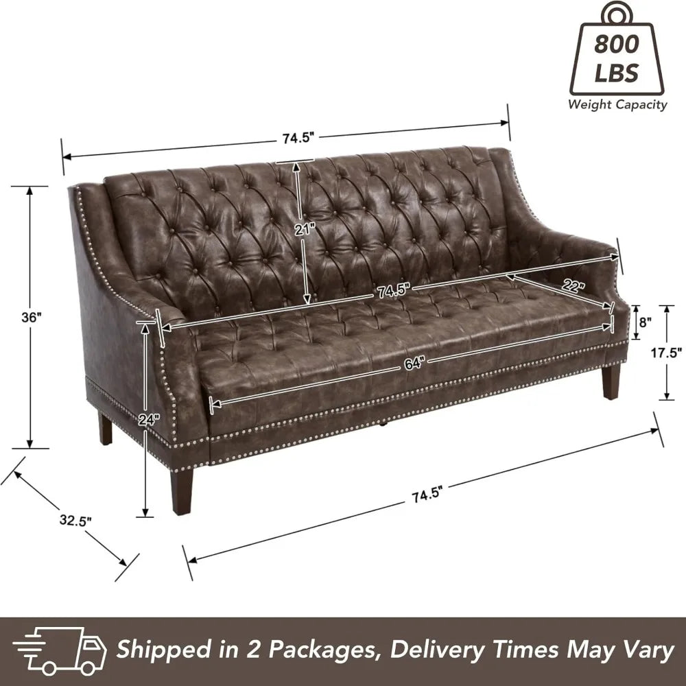 Mid Century Modern 74.5" Faux Leather Sofa, 3 Seater Tufted Upholstered Couch with High Back & Nailhead Trim, Chesterfield Sofa