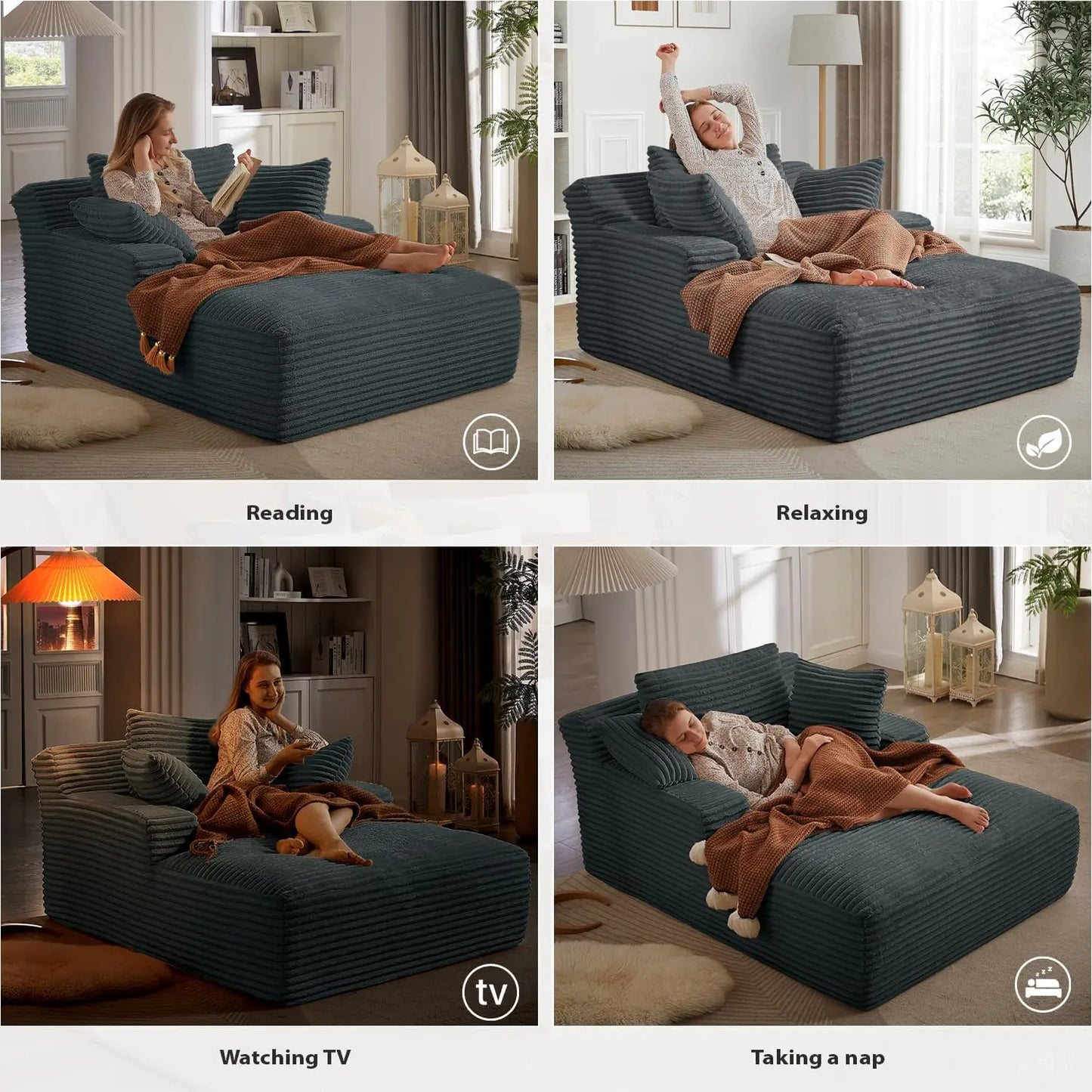 50 Inch Chaise Lounge Chair Indoor, Oversized Corduroy Upholstered Boneless Sofa Bed, Deep Seat Sleeper Couch Reading Chairs