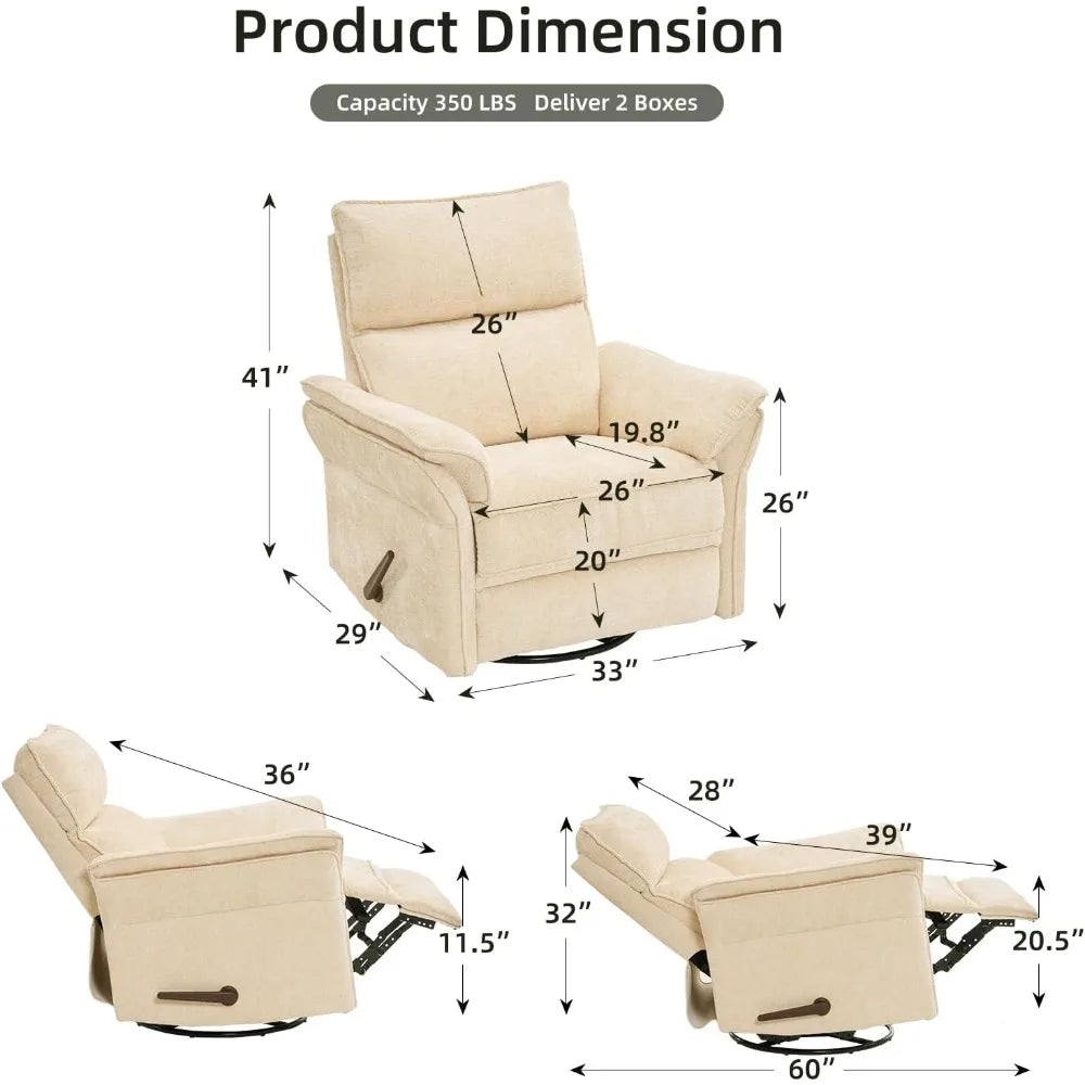 Oversized Recliner Chair, 26" Extra Wide 360° Swivel Rocker Recliner with Adjustable Headrest, Chenille Glider Rocking Nursery