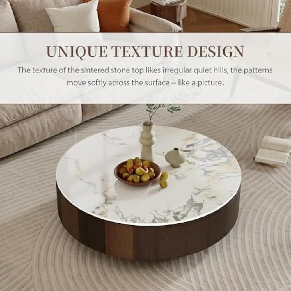 35.43" Modern Coffee Table for Living Room, Round Coffee Table with Storage Drawer, Sintered Stone Top with Metal Base