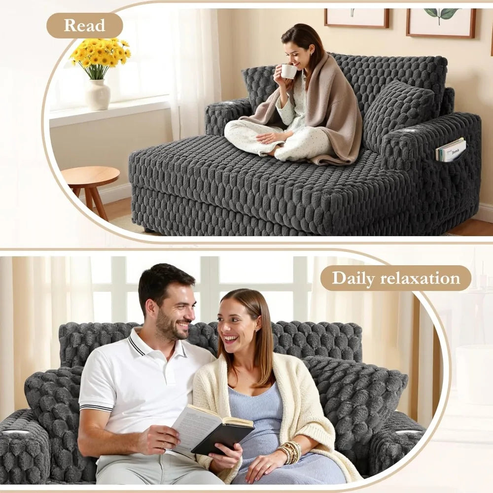Oversized Chaise Lounge Chair Indoor 58 Inch Soft Cushioned Sofa Bed with Armrests and Cup Holder Plush Faux Fur Reading Chair