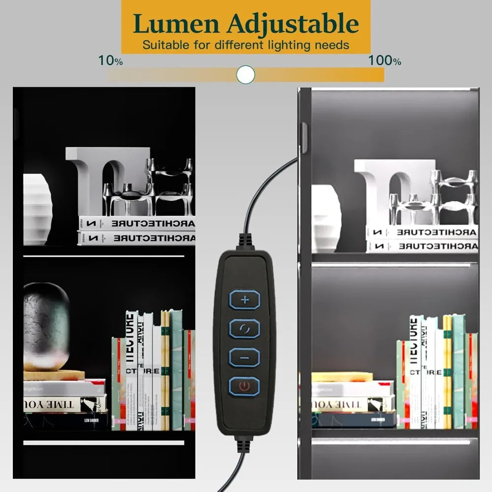 Display Cabinet with Glass Doors and LED Lights, Glass Display Cabinet with 3 Adjustable Shelves, 4 Tier of Storage Space Curio