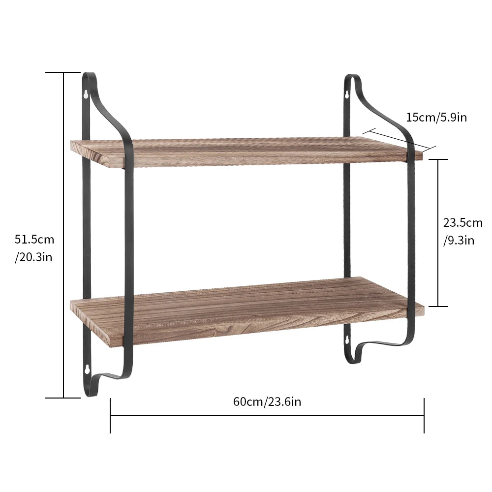 Wall Mounted Rack Display Wood Wall Shelves Rustic 2-Tier Wall Storage Shelf for Bedroom Living Room