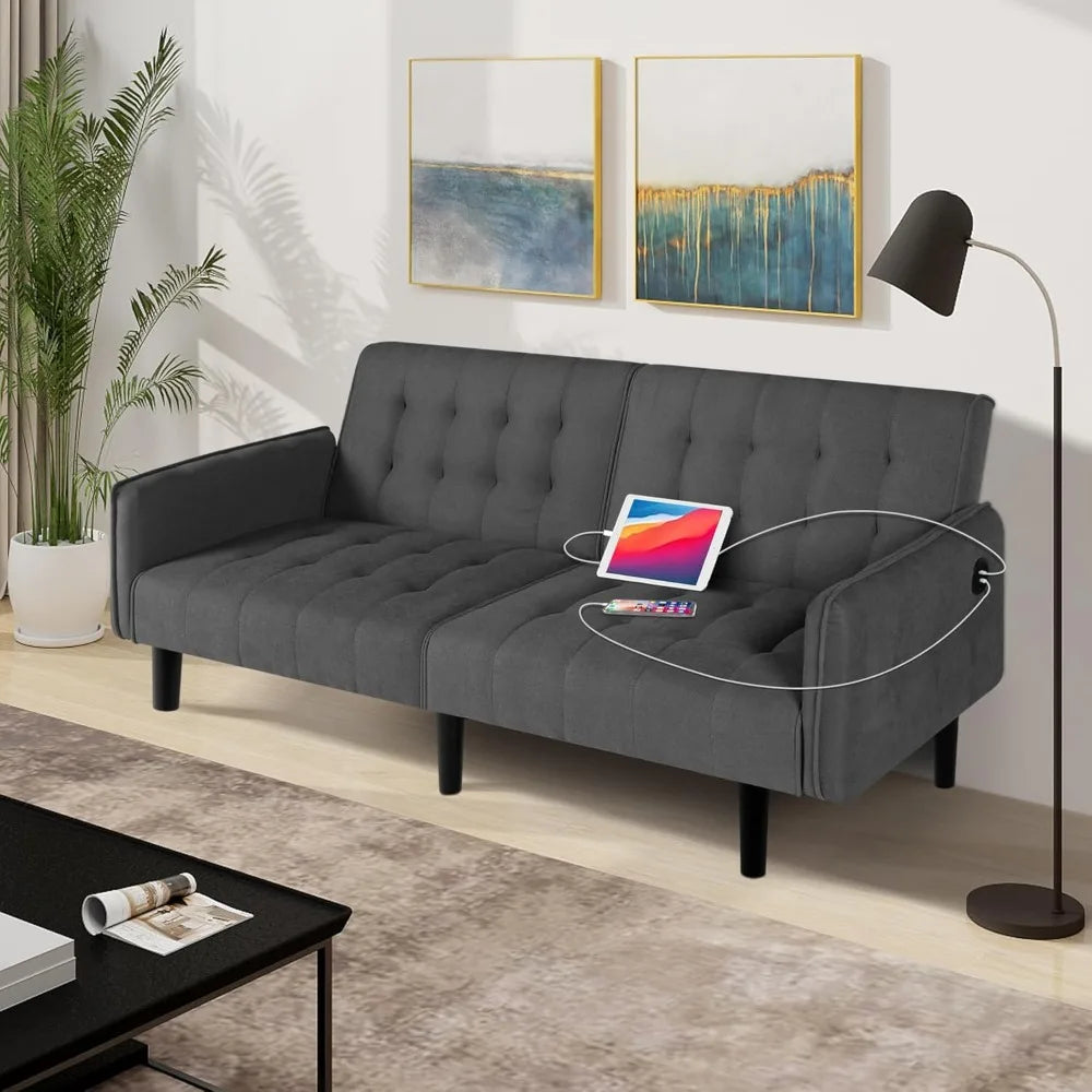 65“ Convertible Futon Sofa Bed w/ 2 USB, Upholstered Tufted Small Adjustable Folding Couch Loveseat, Modern Mid Century Sleeper