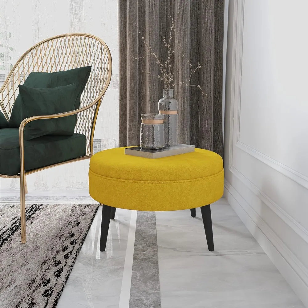 23" Round Velvet Footrest Stool, Upholstered Ottoman Coffee Table, Button Tufted Padded Foot Stools with Solid Wood Legs