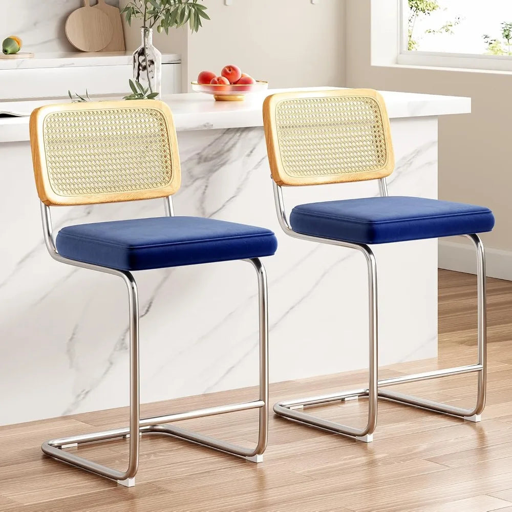 Counter Height Bar Stools Set of 2, Upholstered Velvet Barstools with Rattan Back, 24 inch Stools Armless Bar Chairs