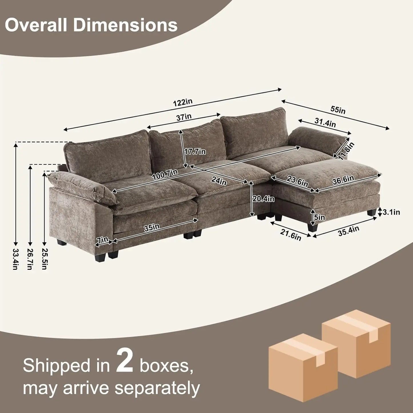 122" Sectional Couch 3-Seat Deep Sofa Couch with Ottoman Modern L Shape Sectional Sofa Chenille Upholstered for Living Room, Ap