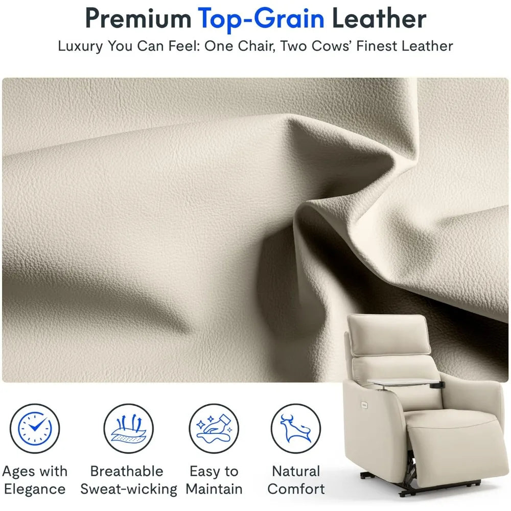 Lune Genuine Leather Power Recliner Chair with Tray Table & Adjustable Headrest, Real Leather Electric Recliner