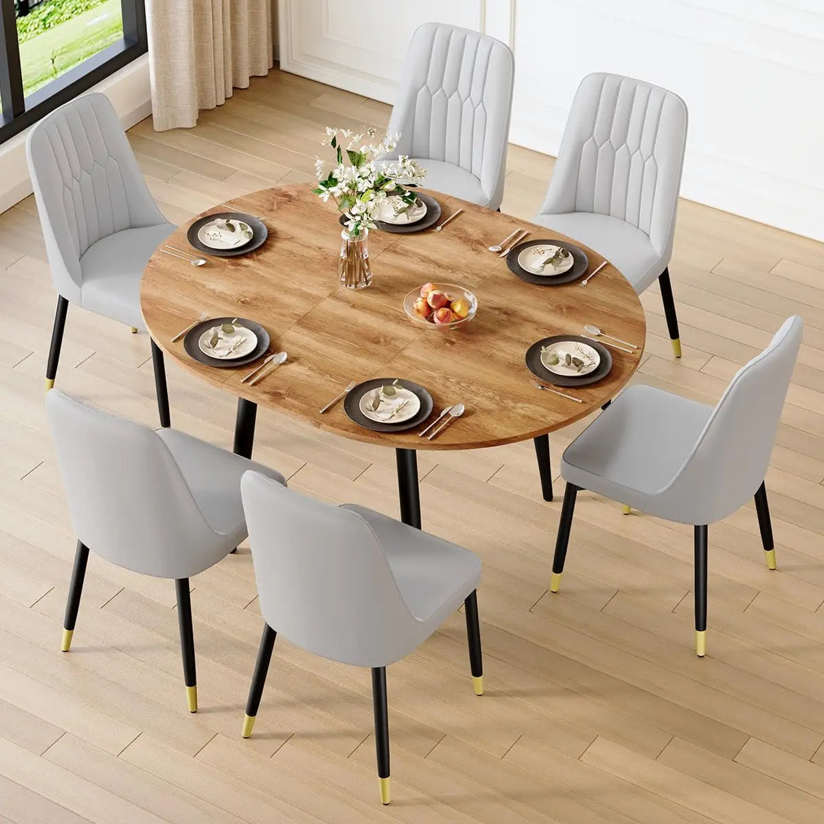 Wood Dining Table Set for 6｜ 42" Round to 54" Oval Dining Table Set for 6｜Wood Extendable Dining Room Table with Thick Cushion