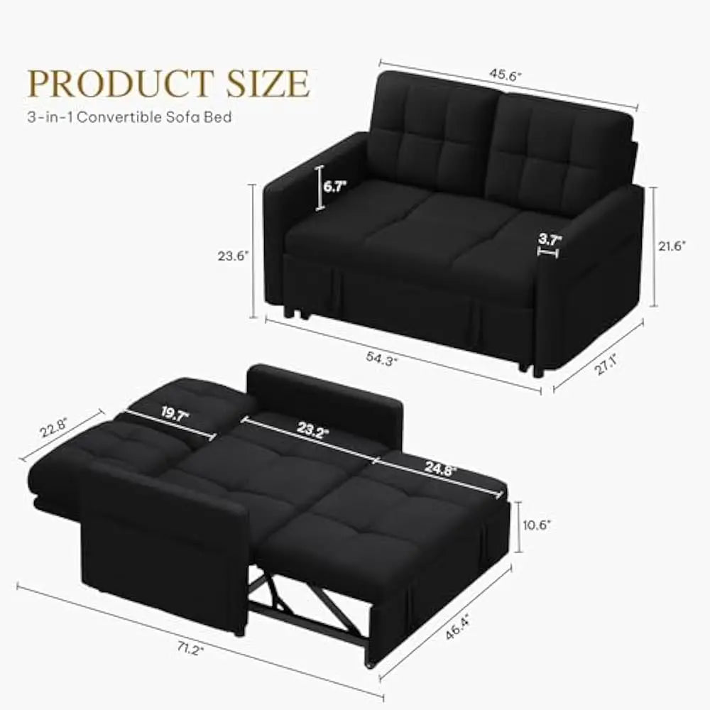 55" Convertible Sofa Bed, 3-in-1 Sleeper Sofa with Pull-Out Bed, Linen Futon Couch with Side Pocket and Adjustable Backrest
