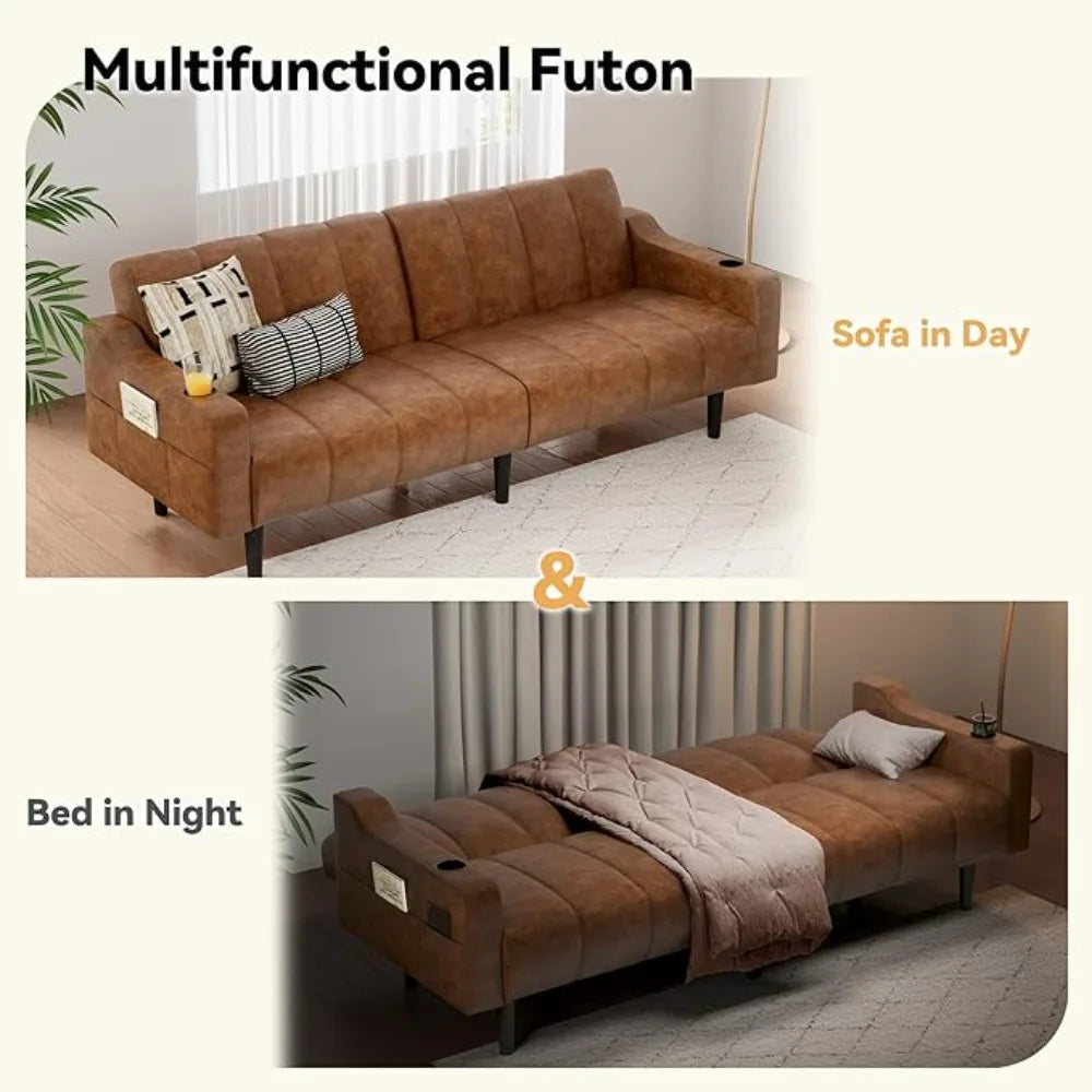 80'' Leather Couch, Futon Sofa Bed, Faux Leather Couch with Adjustable Backrest, 2 Cup Holders & Side Pockets, Mid Century