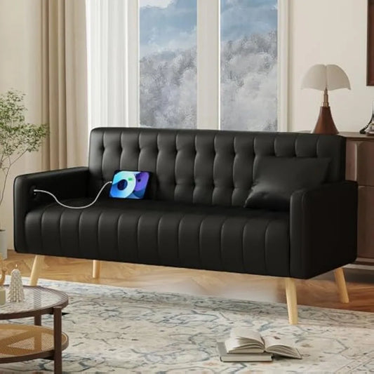 57” W Loveseat Sofa, Small Black Faux Leather Couch w/USB Charging Ports, Mid Century Modern Tufted Love Seat Couches