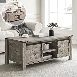 48" Farmhouse Lift Top Coffee Table with Sliding Barn Door,Rustic Center Table with Hidden Storage Compartment,Lifting Tabletop