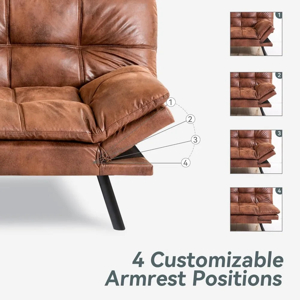 Futon Sofa Bed Convertible Couch, Brown Faux Leather Sofa Bed with Memory Foam, Adjustable Backrest & Armrests, Multifunctional