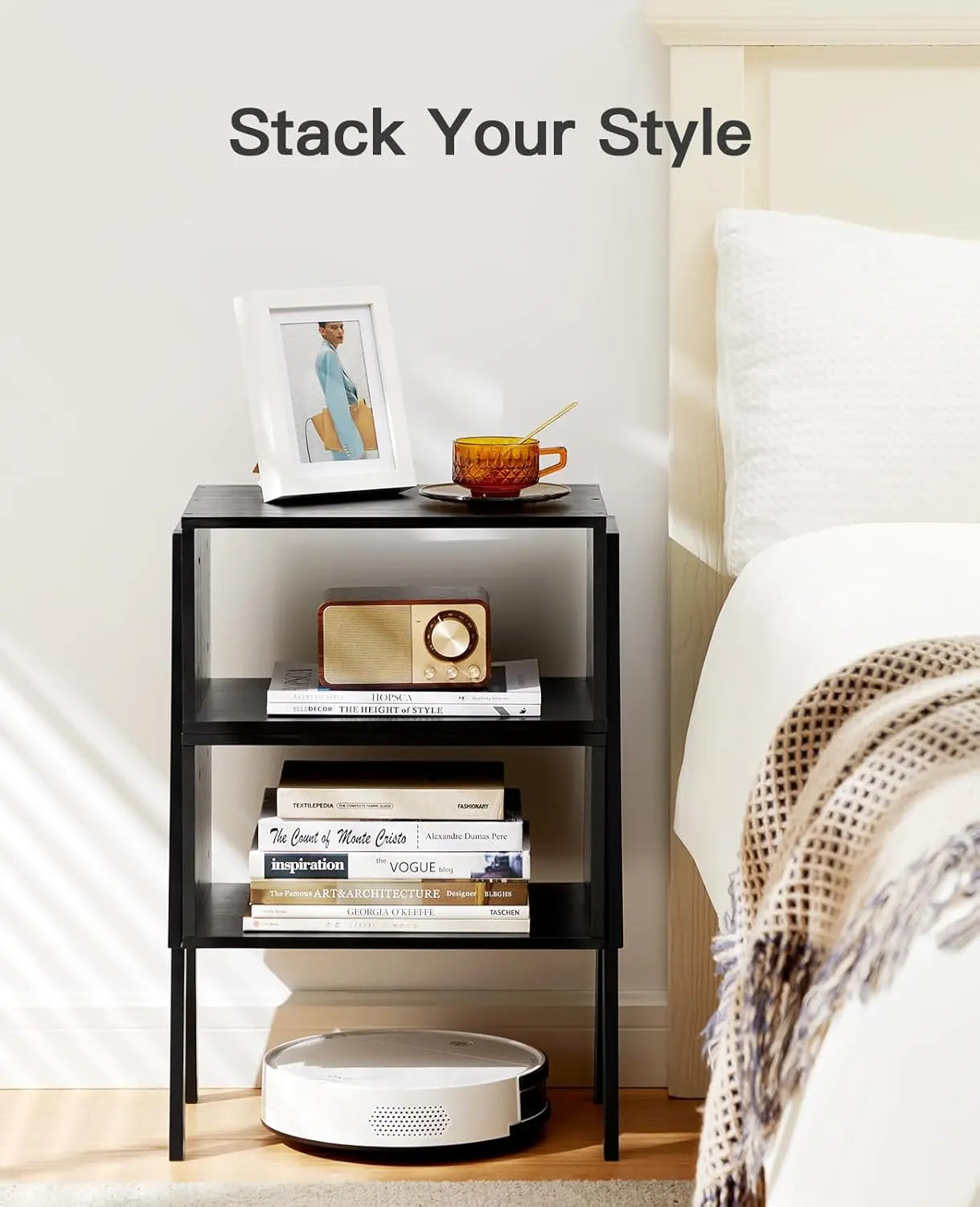 Bedside Tables, Stackable Bamboo Nightstands, Bamboo Side Tables for Bedroom & Living Room, End Table Night Stands, Set of 2, Bl