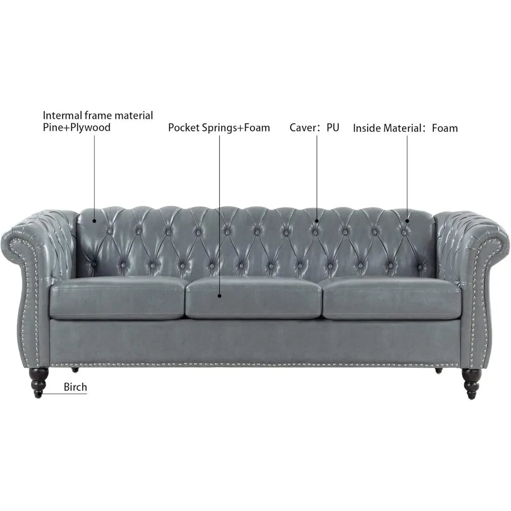 Chesterfield Sofas, 85" PU Couch,Tufted 3 Seats Living Furniture with Rolled Arm Stud Trim and Solid Wood Legs, Mid-Century Sofa