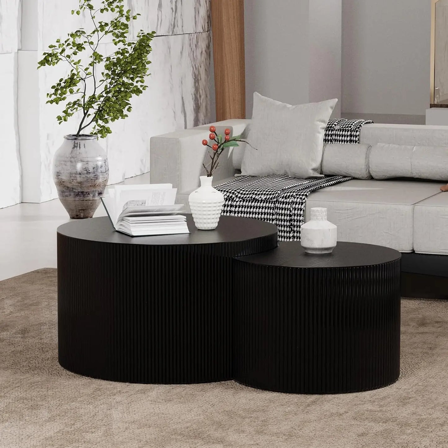 Handcraft Round Nesting Coffee Table - Chic Wave Stripe Edge, Modern Stylish Walnut Wooden Circle Fluted Center Table for Living