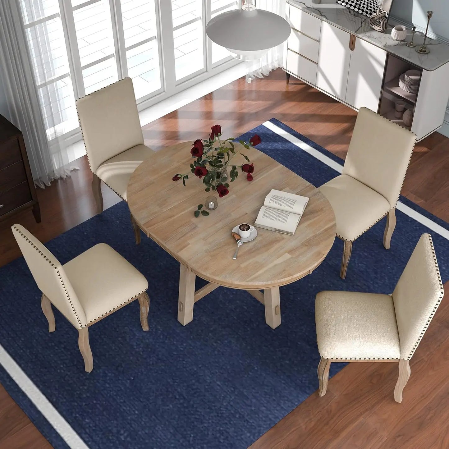 5-Piece Kitchen Table Set, Wood Round Extendable Dining Table and 4 Upholstered Dining Chairs, Farmhouse Dining Room