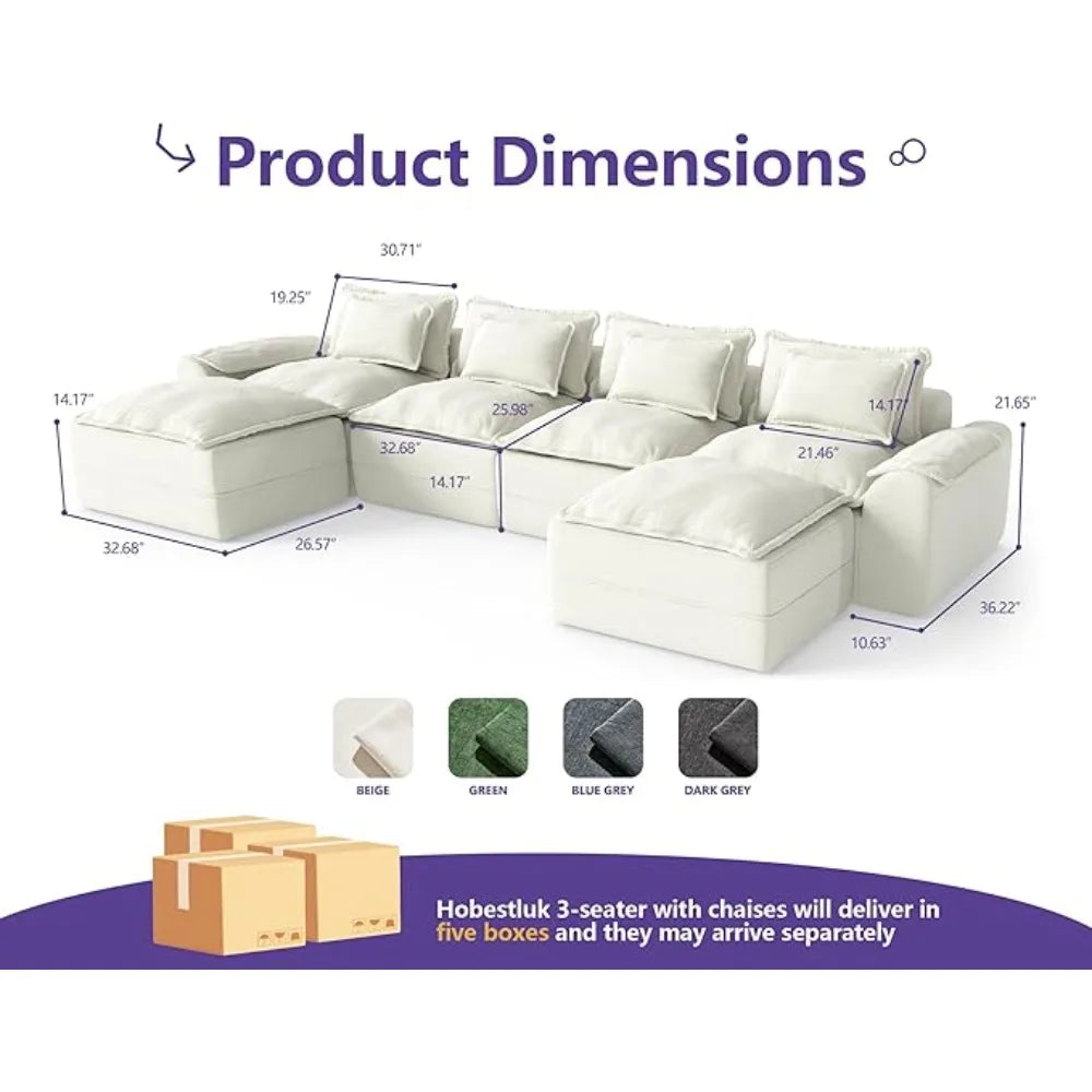 152" Cloud Modular Sectional – U-Shaped 4-Seater Couch with Ottomans, Deep Seat & Removable Cover for Living Room