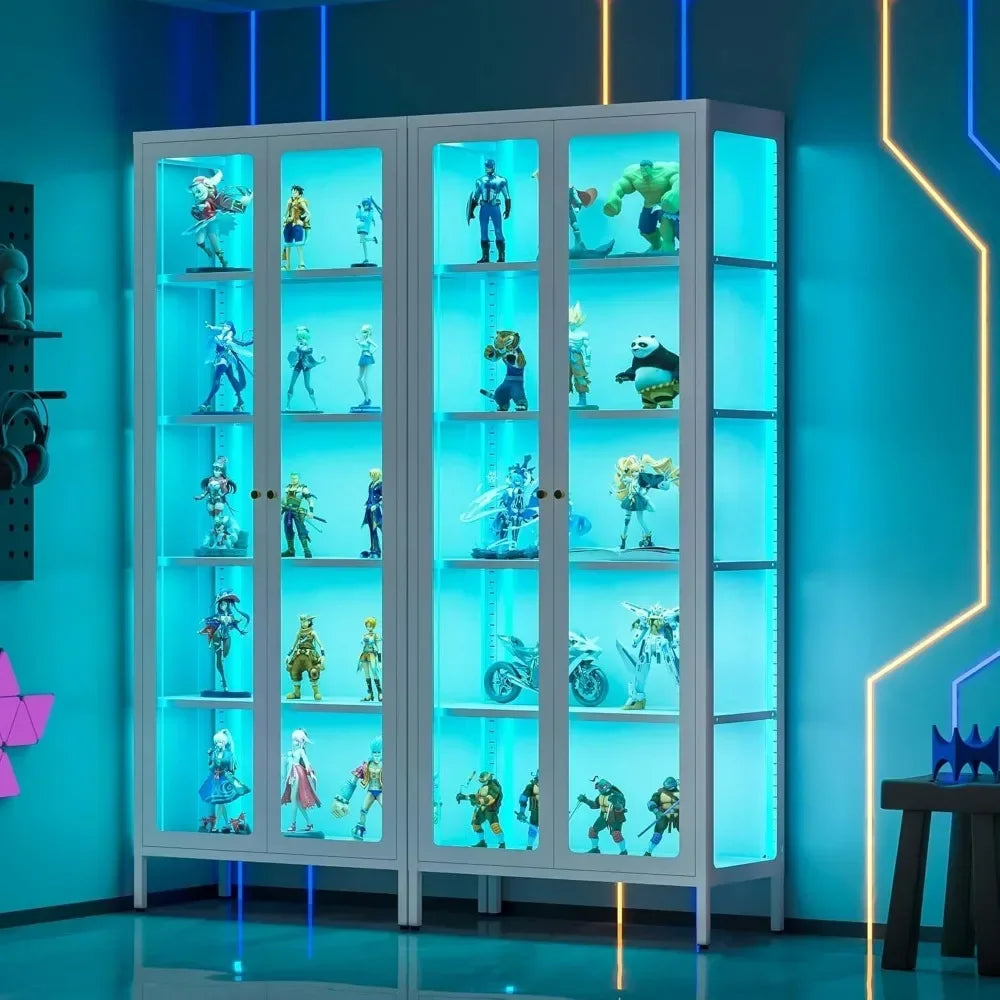 Curio Cabinets with Glass Doors, 67" 5 Tier Glass Display Cabinet with 12 Color RGB Lights & 4 Adjustable Shelves