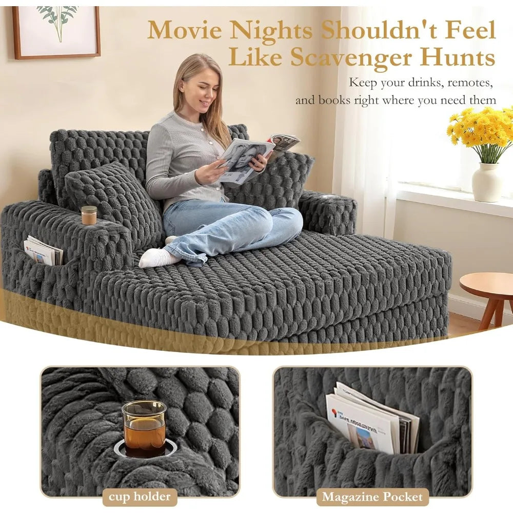 Oversized Chaise Lounge Chair Indoor 58 Inch Soft Cushioned Sofa Bed with Armrests and Cup Holder Plush Faux Fur Reading Chair