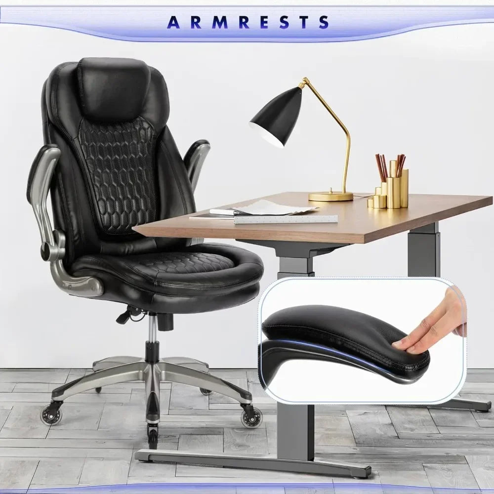 Executive Office Chair-Ergonomic Computer Desk Chairs, High Back Leather Chairs w/Padded Flip-up Arms, Swivel Home Office Chair