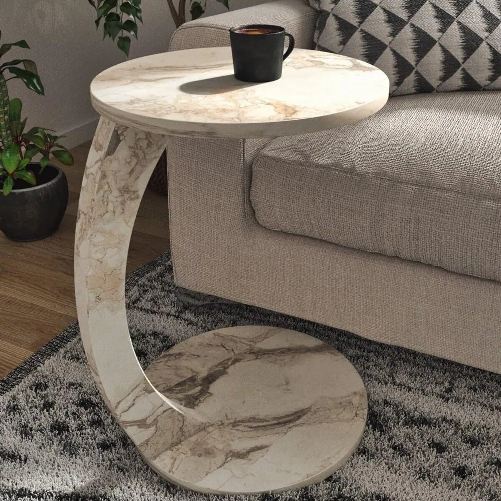 C Shaped End Table for Couch Small Places, Faux Marble White Space Saver Round Side Table for Sofa and Bedside with Wheels, Coff