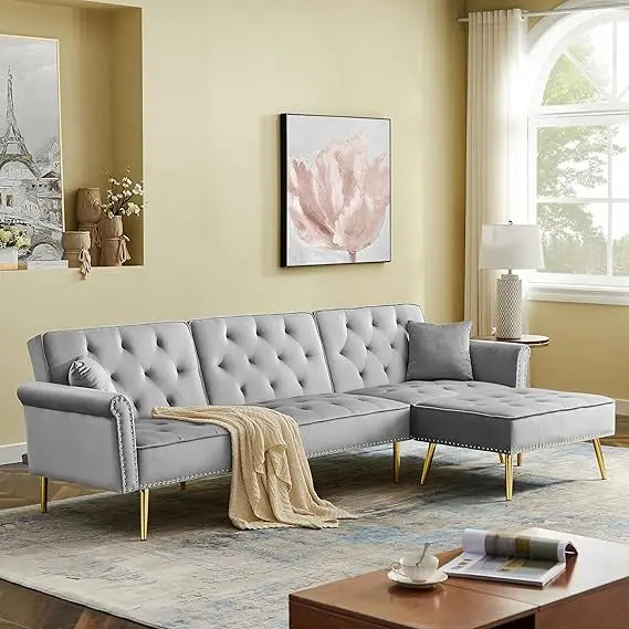 Convertible Velvet Futon Sofa Bed,Sleeper Sofa Couch with Two Pillows and Golden Metal Legs for Living Room (Cream White)