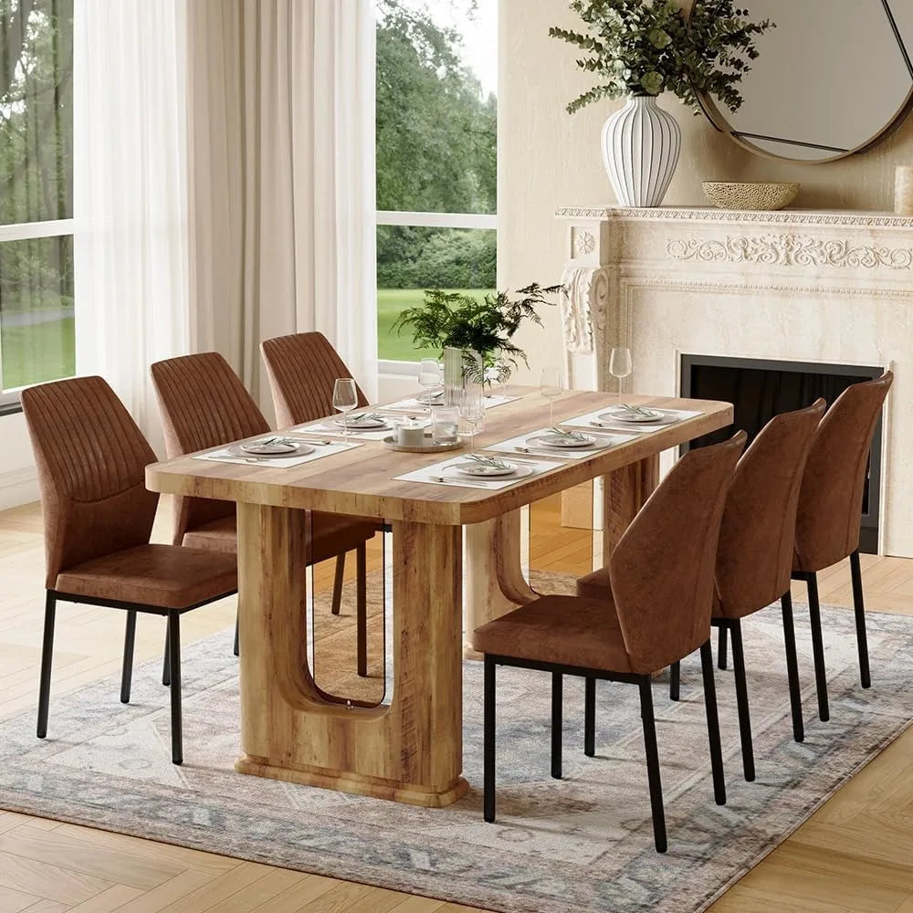 64.5" Dining Room Table Set for 6, Modern Farmhouse Wood Dining Table Set with Decorative Pedestal Legs & 6 Cushioned Chairs