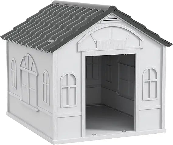 Plastic Dog House, Water Resistant Puppy Shelter Indoor Outdoor with Door, Easy to Assemble, for Medium and Small Dogs, Gray