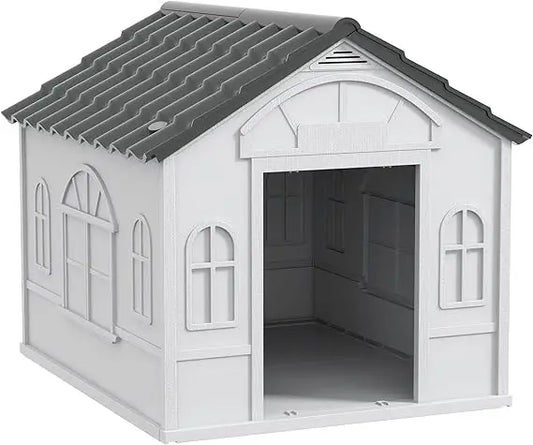 Plastic Dog House, Water Resistant Puppy Shelter Indoor Outdoor with Door, Easy to Assemble, for Medium and Small Dogs, Gray