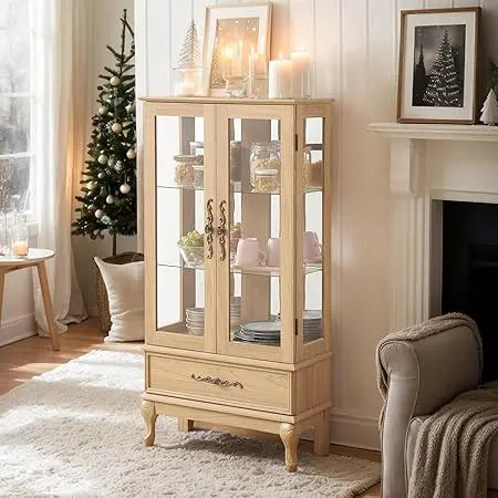 Lighted Curio Cabinet, 52" H Glass Display Cabinet with 3-Tier Adjustable Shelves, China Cabinet with Tempered Glass Doors for L